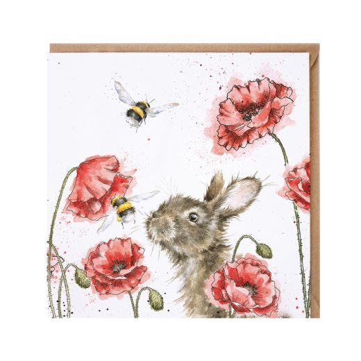 Polar bear and rabbit in poppies 私の大切な親友 Watercolour and pencil with bee With my best friend Original framed 4in by 4in painting